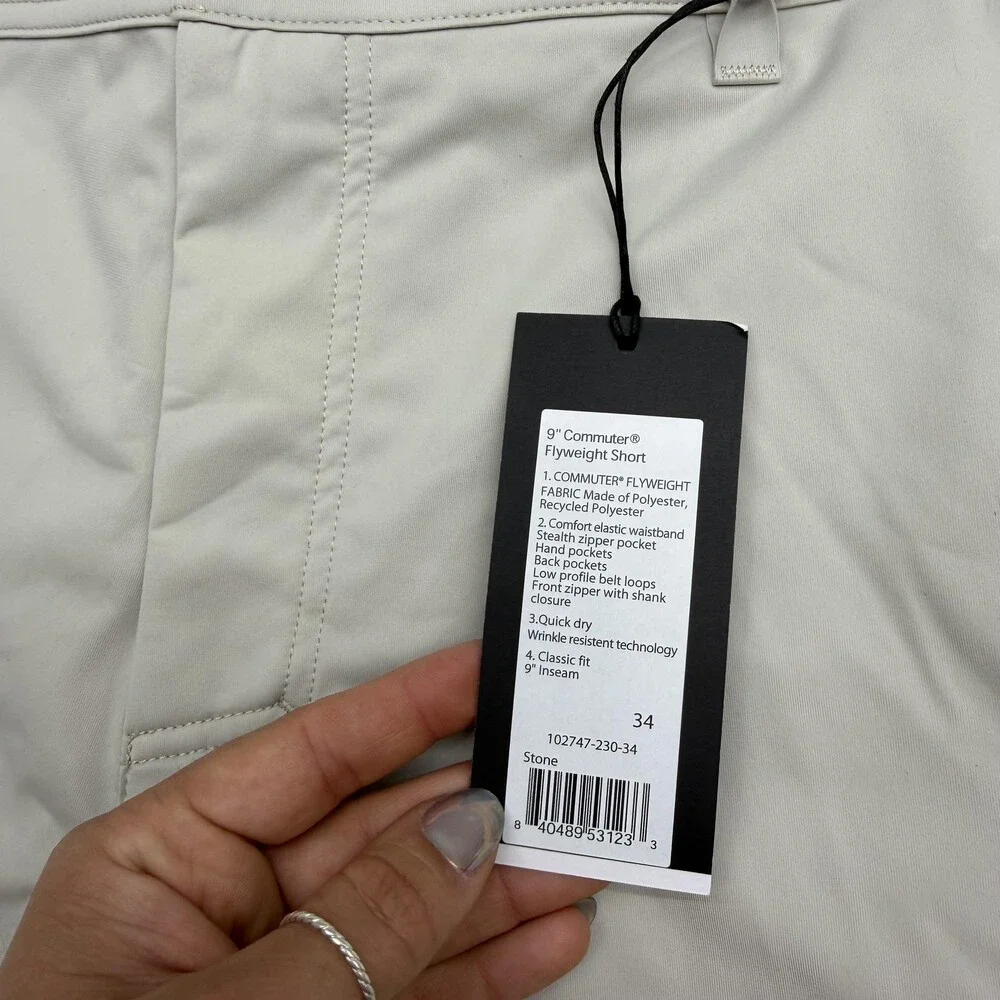Rhone Commuter Flyweight Shorts Men 34 Stone Chino Elastic Waist 9 Inseam Casual